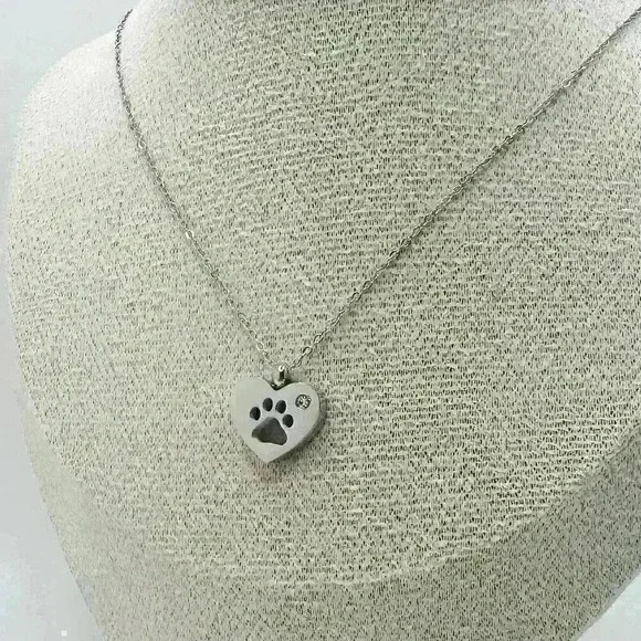 Heart Paw Print Pendant Necklace in Silver - Picture 1 of 6